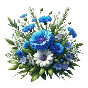 Bouquet of Blue Cornflowers and White Daisies with Greenery