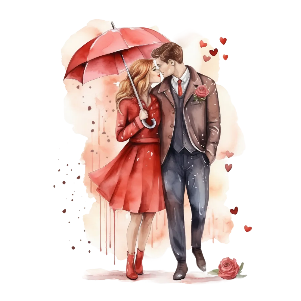 Romantic Couple Under Red Umbrella in Watercolor Style