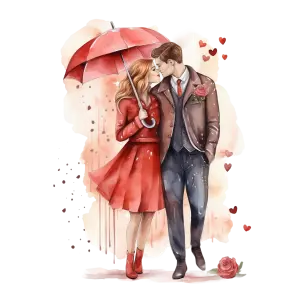 Romantic Couple Under Red Umbrella in Watercolor Style