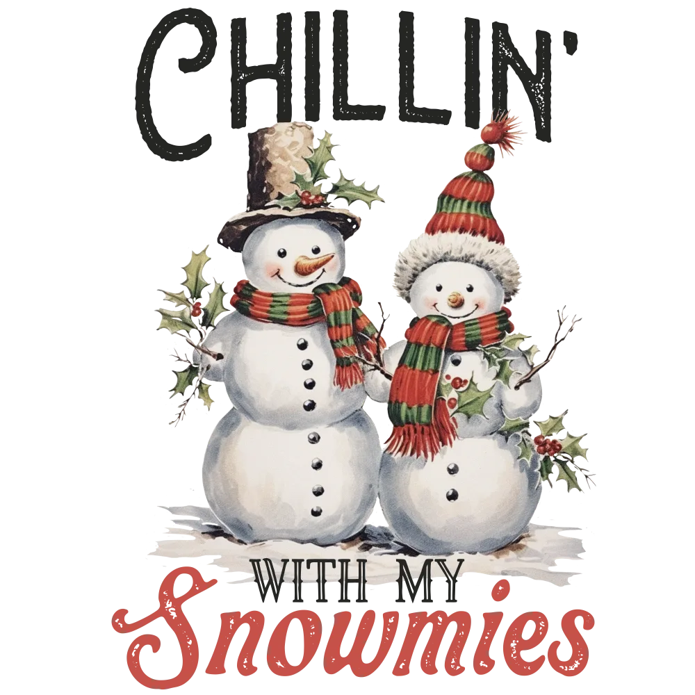 Two Cute Snowmen Wearing Holiday Scarves and Hats