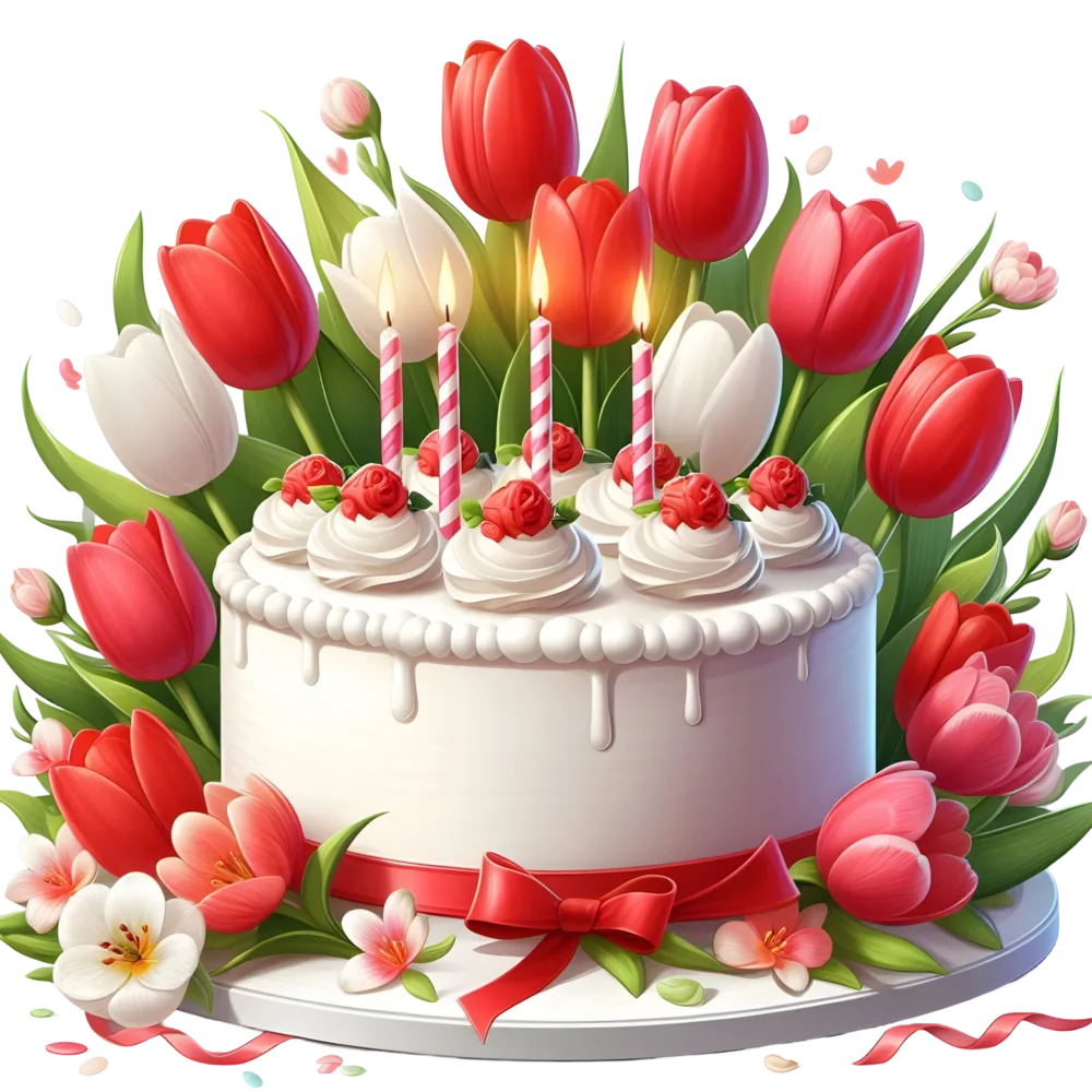 Birthday Cake with Red and White Tulip Decoration and Candles