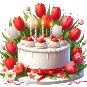 Birthday Cake with Red and White Tulip Decoration and Candles