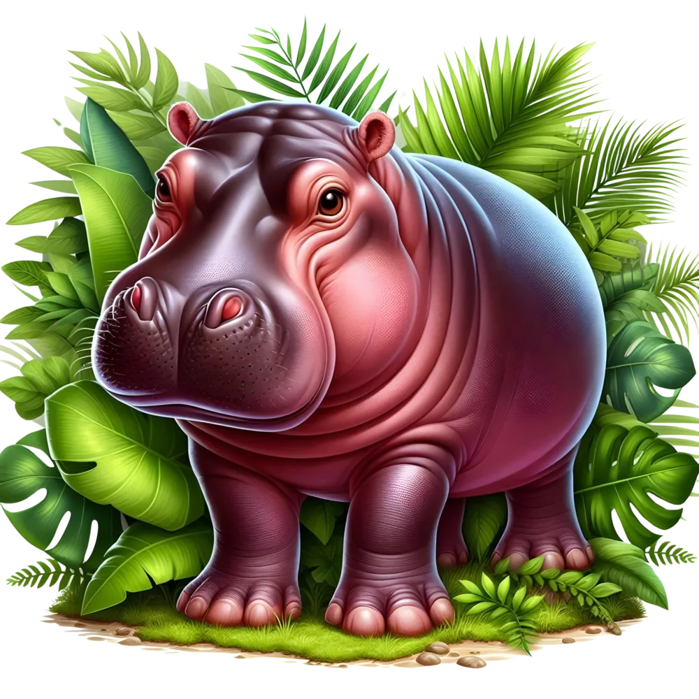 Cute Hippopotamus Standing Among Green Jungle Leaves