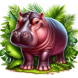 Cute Hippopotamus Standing Among Green Jungle Leaves