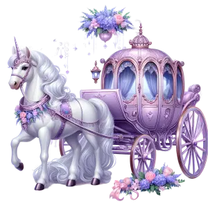 Purple Fairy Tale Unicorn Horse with Ornate Carriage and Floral Decorations