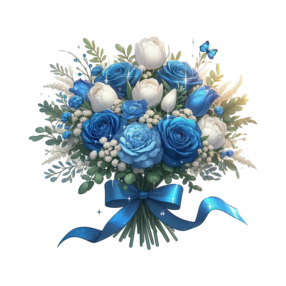 Elegant Blue and White Rose Bouquet with Ribbon and Greenery