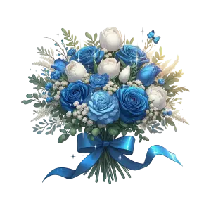 Elegant Blue and White Rose Bouquet with Ribbon and Greenery