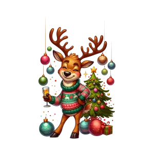 Festive Reindeer in Christmas Sweater with Holiday Decorations