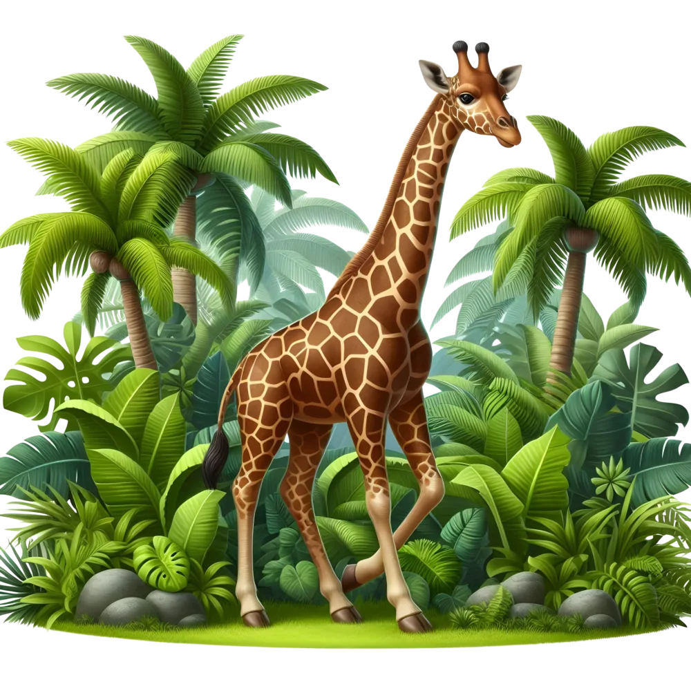 Giraffe in Lush Green Jungle with Palm Trees