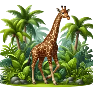 Giraffe in Lush Green Jungle with Palm Trees