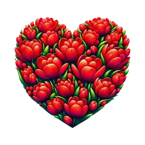 Heart Shape Made of Red Tulip Flowers with Green Leaves