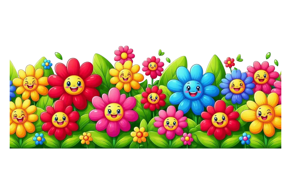 Colorful Cartoon Flowers with Smiling Faces and Green Leaves