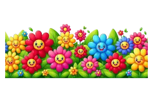 Colorful Cartoon Flowers with Smiling Faces and Green Leaves