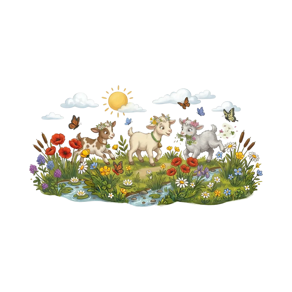 Playful Baby Goats in Flowery Meadow with Butterflies and Sun