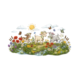 Playful Baby Goats in Flowery Meadow with Butterflies and Sun