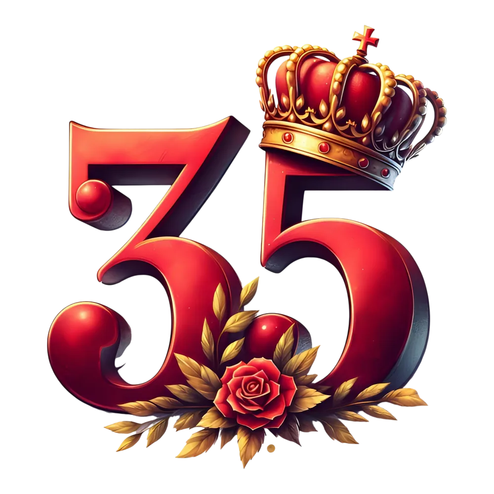 Red Number 35 with Royal Crown and Floral Decoration