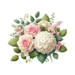 Bouquet of Pink and White Flowers with Green Leaves