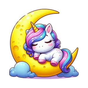 Cute Sleeping Unicorn on Crescent Moon with Clouds