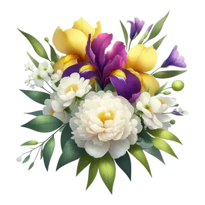 Colorful Floral Bouquet with White Peonies and Purple Yellow Irises