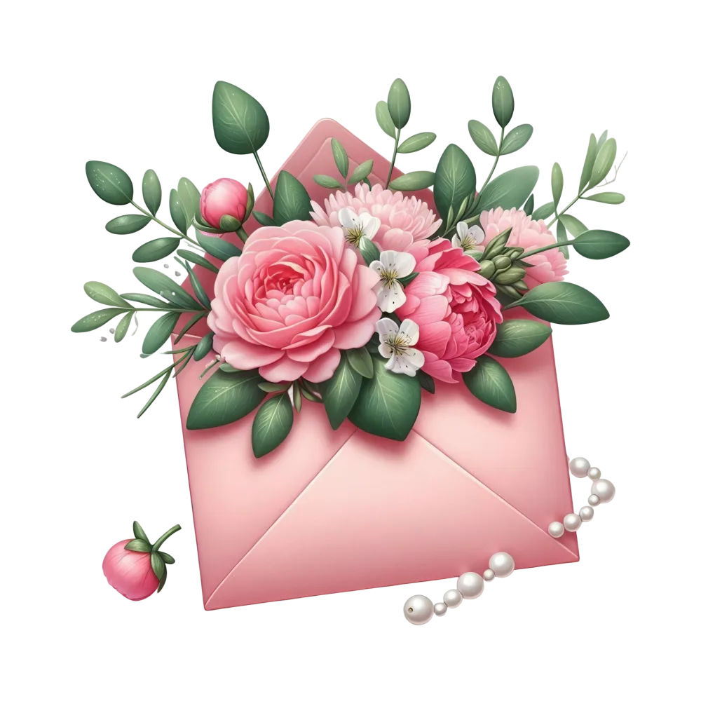 Pink Floral Bouquet in Open Envelope with Pearl Chain
