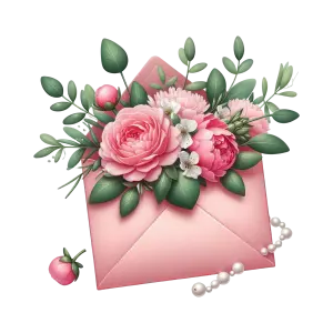 Pink Floral Bouquet in Open Envelope with Pearl Chain