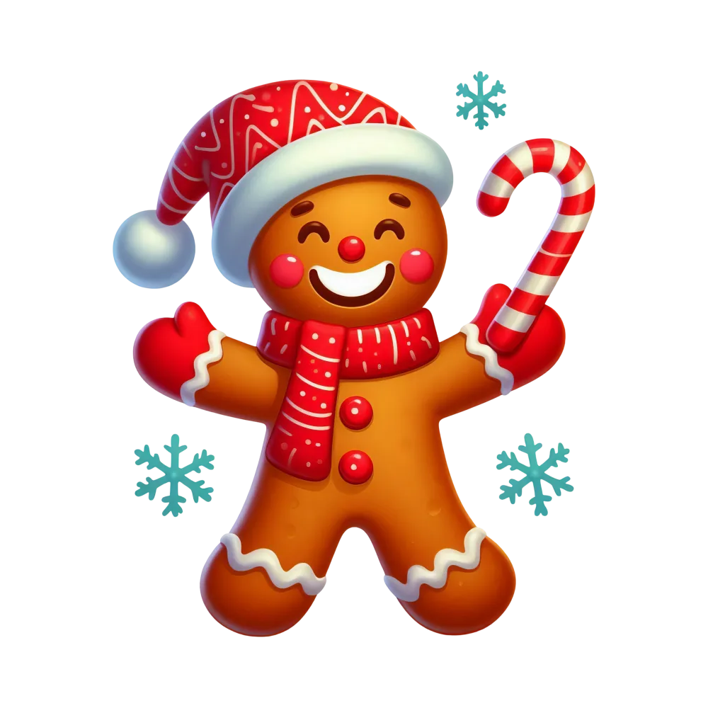 Happy Gingerbread Man with Santa Hat and Candy Cane