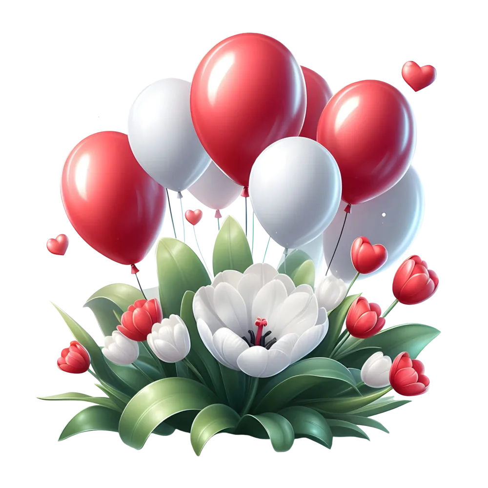 Red and White Balloons with Tulip Flowers and Green Leaves