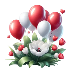 Red and White Balloons with Tulip Flowers and Green Leaves