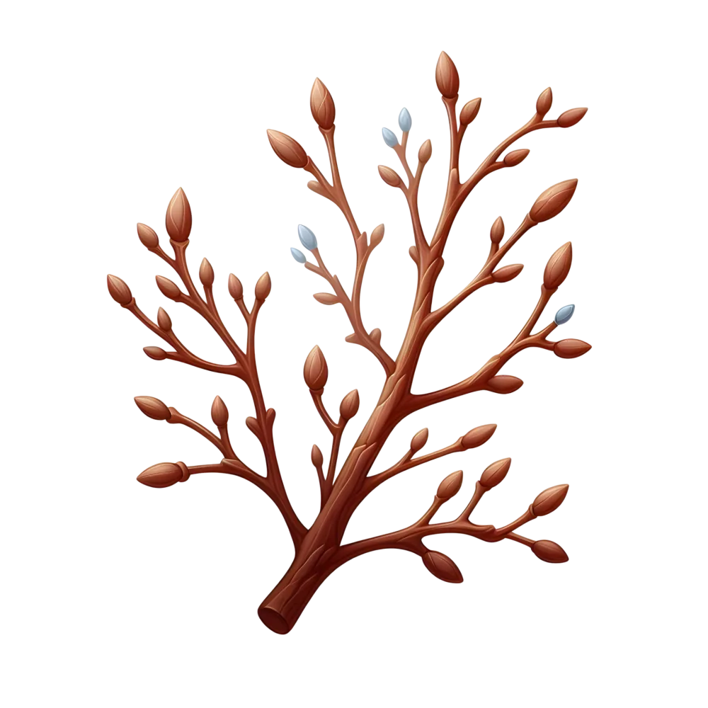 Branch with Brown Buds and Small Silver Leaves