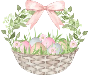 Watercolor Easter Basket with Pastel Eggs and Pink Bow