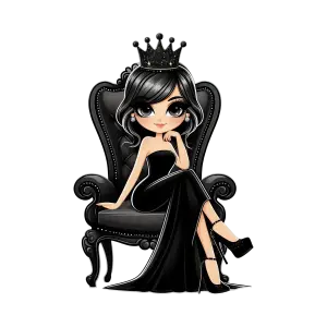 Elegant Cartoon Woman in Black Dress and Crown Sitting on Throne