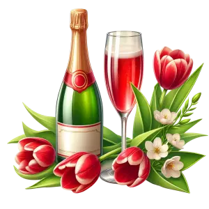 Bottle of Champagne with Glass and Red Tulip Flowers