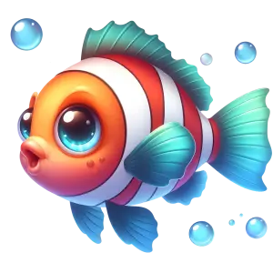 Cartoon Clownfish with Big Blue Eyes and Bubbles
