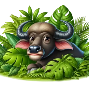 Cute Cartoon Buffalo Surrounded by Tropical Leaves