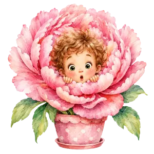 Cute Baby Face Emerging from Pink Peony Flower Pot