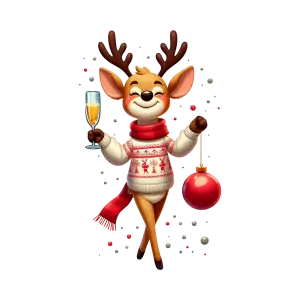 Festive Reindeer Holding Champagne and Christmas Ornament