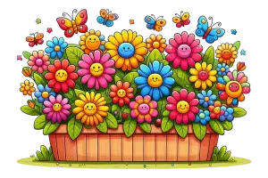 Colorful Smiling Cartoon Flowers with Butterflies in Wooden Planter
