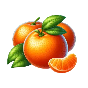 Three Whole Oranges with Green Leaves and One Orange Segment