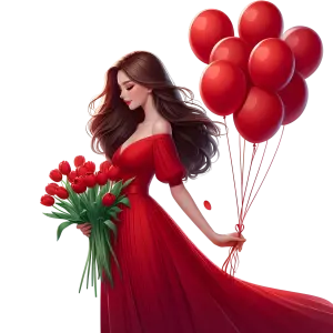 Woman in Red Dress Holding Red Tulips and Balloons