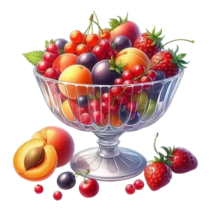 Colorful Mixed Fruit in Crystal Bowl with Strawberries and Apricot
