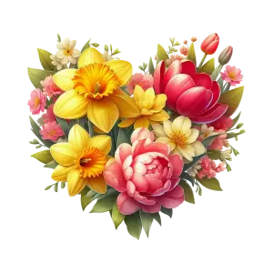 Heart-Shaped Floral Bouquet with Yellow Daffodils and Pink Roses