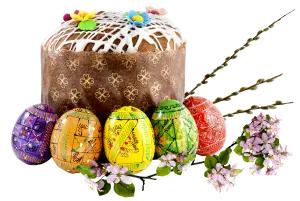 Easter Cake with Decorated Eggs and Blossoms