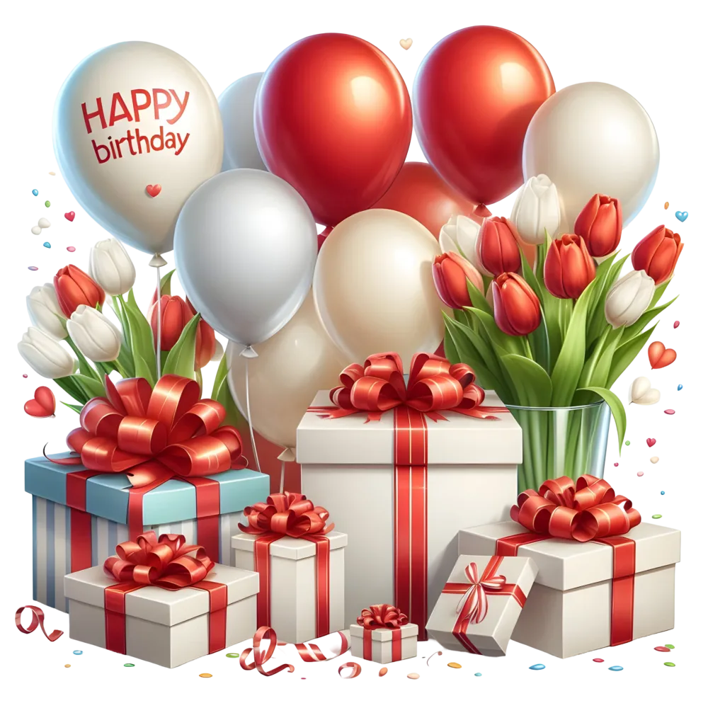 Birthday Celebration with Balloons, Tulips, and Gift Boxes