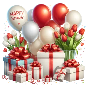 Birthday Celebration with Balloons, Tulips, and Gift Boxes
