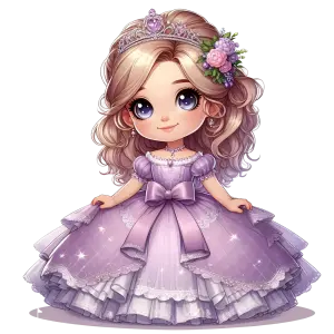 Cute Little Princess Girl in Purple Dress with Tiara and Flowers