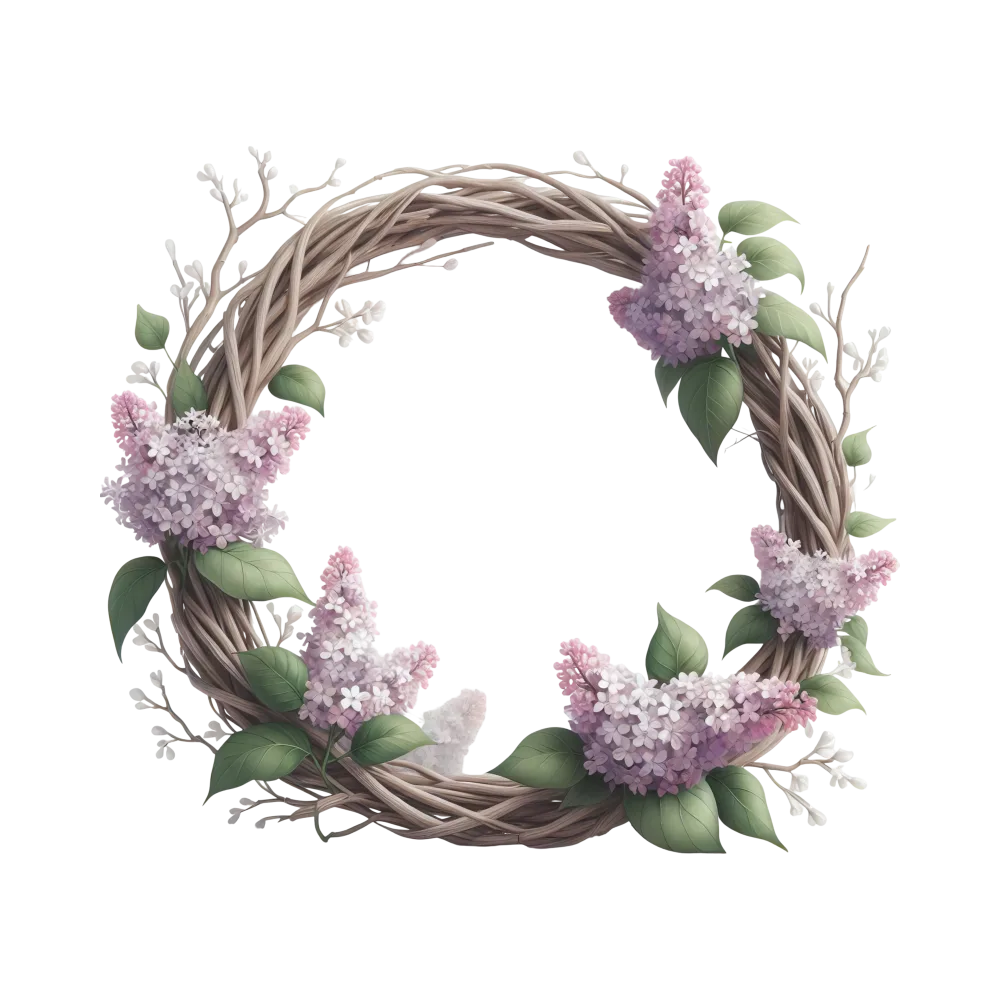 Decorative Wreath with Lilac Flowers and Green Leaves