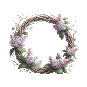 Decorative Wreath with Lilac Flowers and Green Leaves