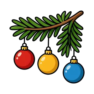 Christmas Tree Branch with Red Yellow and Blue Ornaments