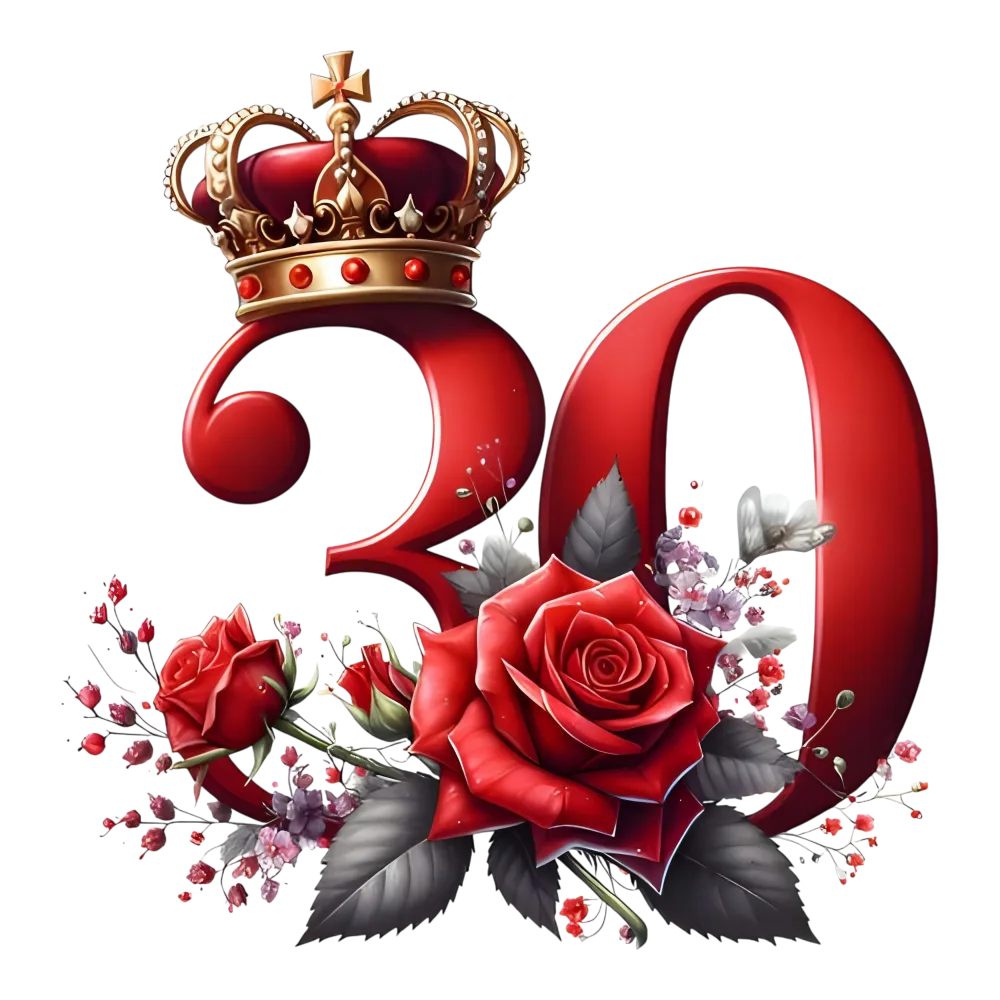 Red Number 30 with Crown and Roses