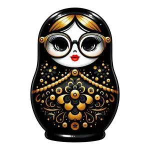 Black and Gold Matryoshka Doll with Glasses and Floral Pattern